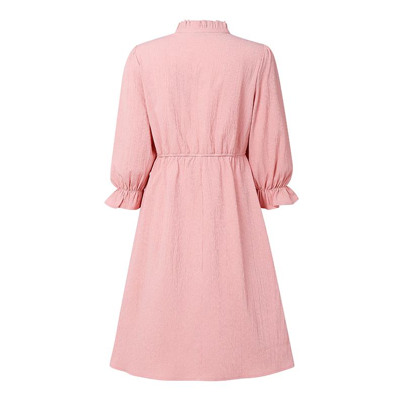 VONDA Women Casual Stand Neck Long Sleeve Pleating Ruffled Mini Elegant Dress