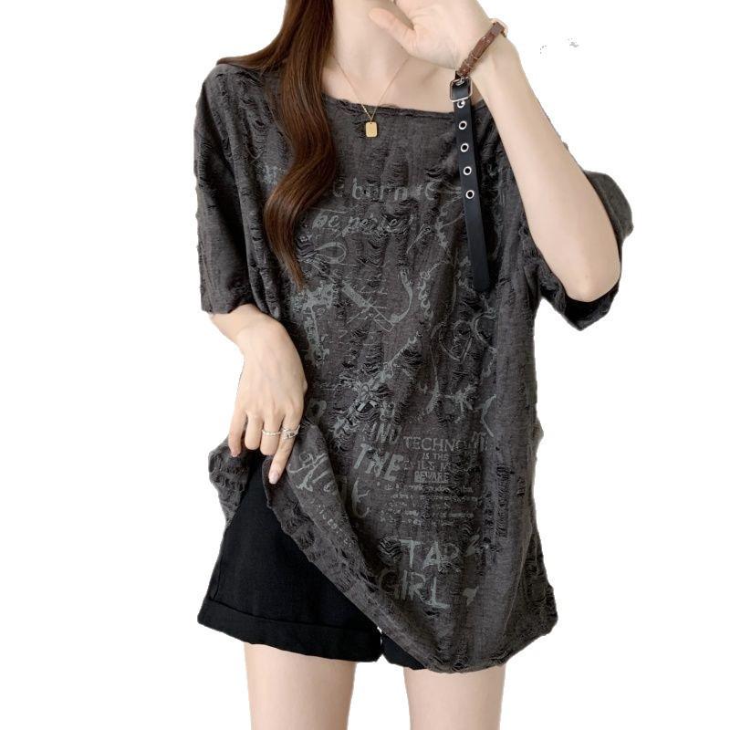 Plus Size Off-the-Shoulder Ripped T-Shirt - Loose and Flattering Summer Top for Women