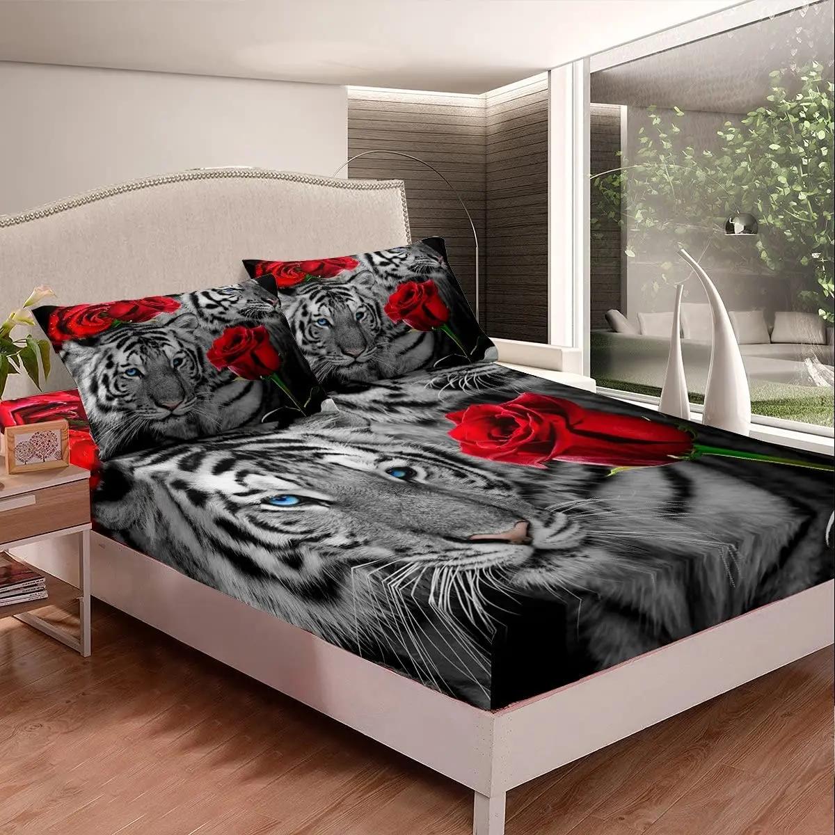 

White Tiger Fitted Sheet Queen Size Flowers and Tiger Print Bedding Set for Teens Children Gift Wildlife Animal Floral Theme 80x200x30cm