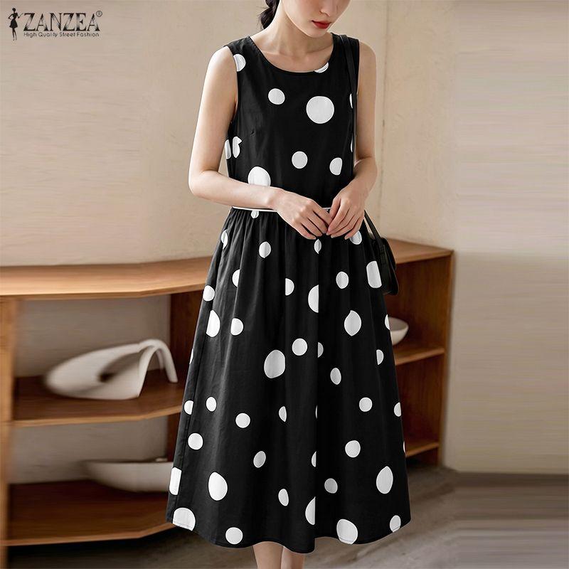 ZANZEA Women Casual Round Neck Sleeveless Loose Polka Dot Print Dress