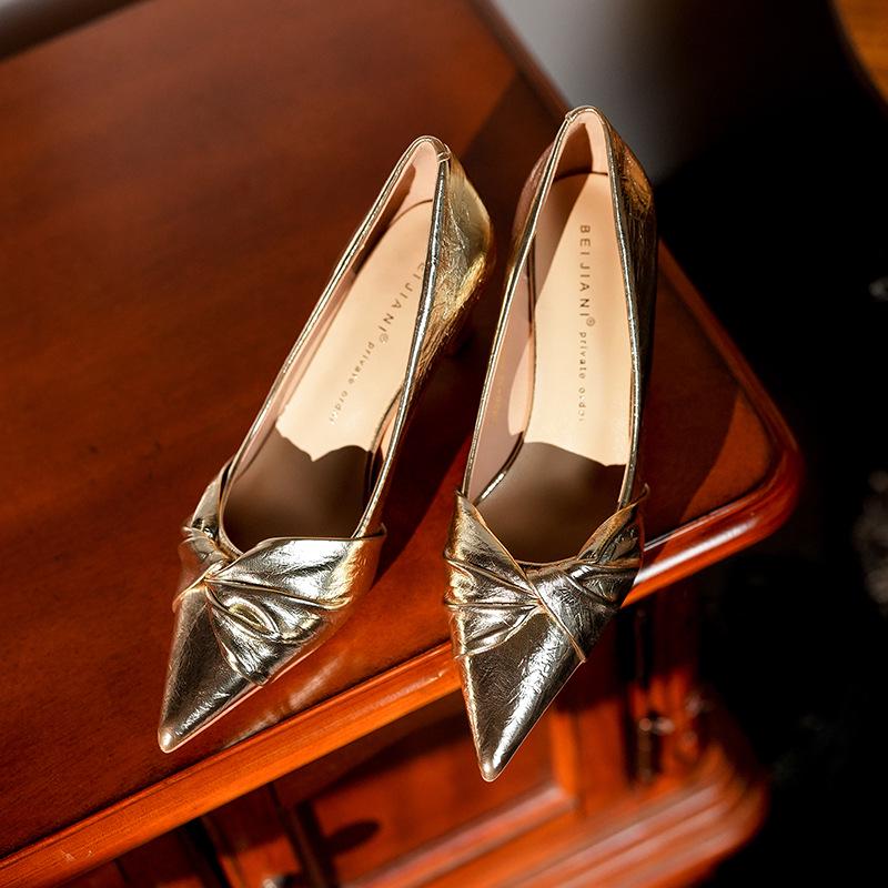 

Золотые туфли на высоком каблуке из овчины: Туфли-лодочки с острым носком, на шпильке с узлом, элегантные женские туфли из овчины - Весна и Осень. 38 золотой