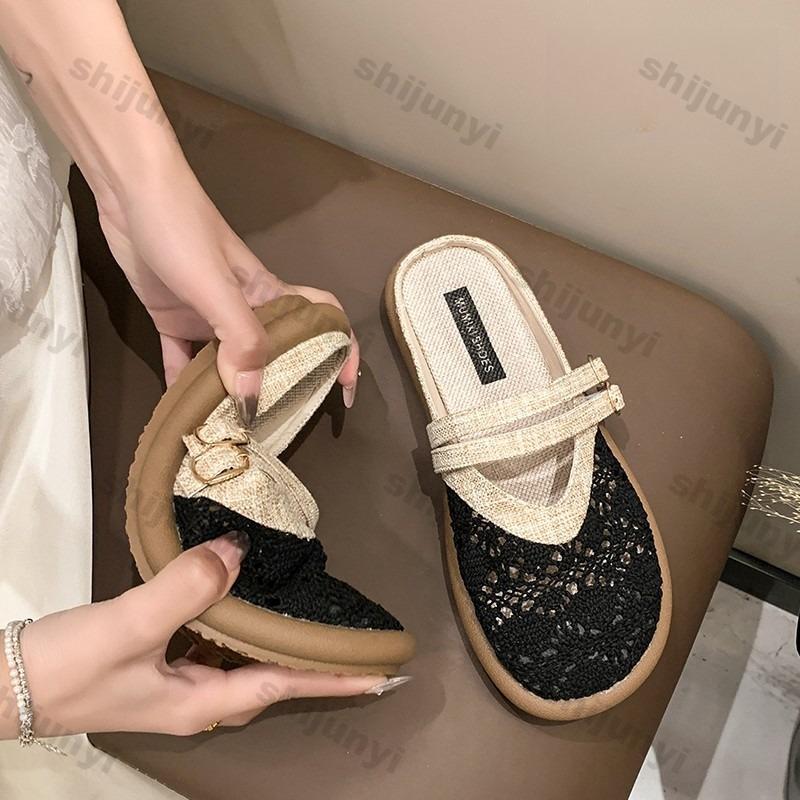 Large Size Women's Sandals Summer Hollow Breathable Vintage Slippers Lightweight Comfortable Fashion Buckle Strap Casual Flats
