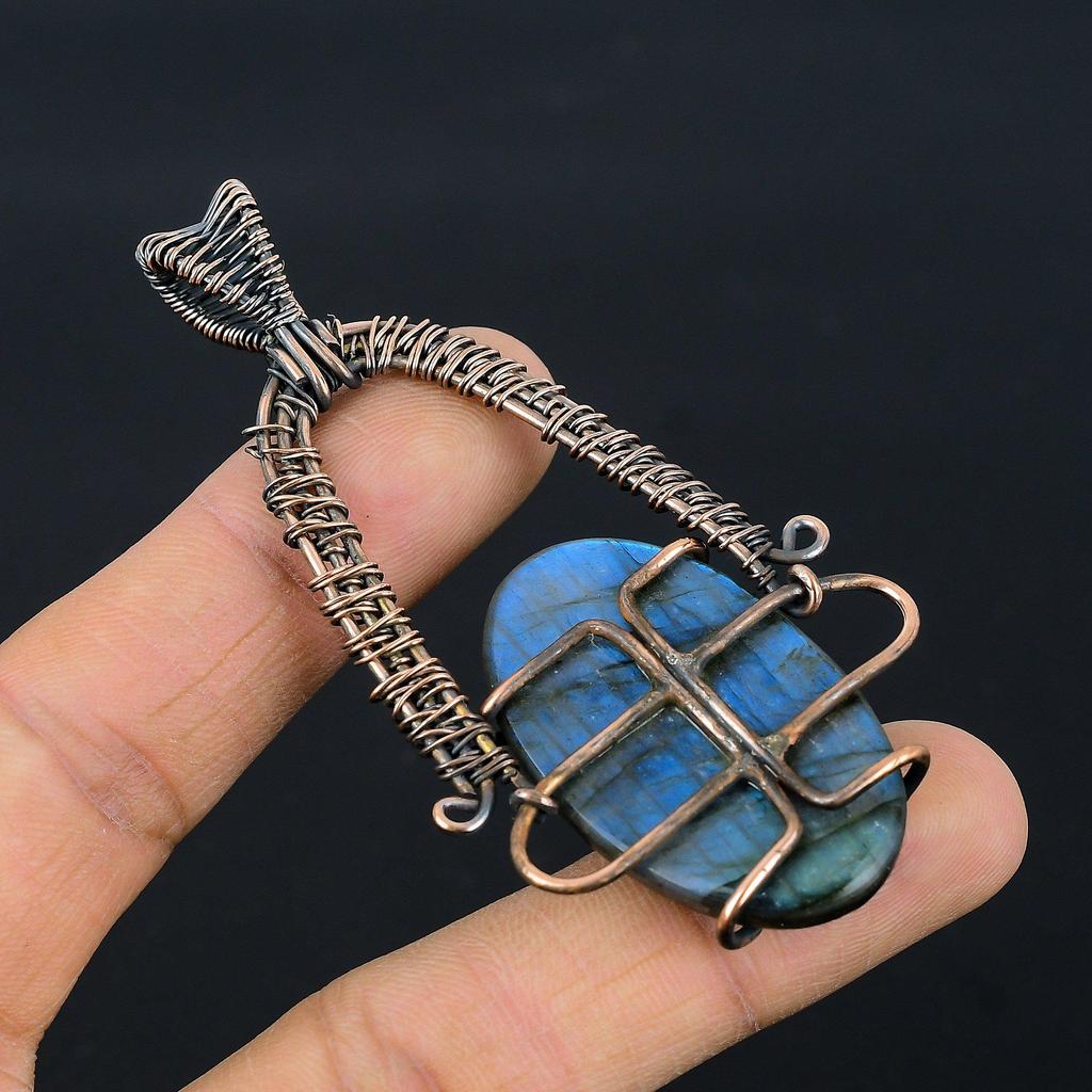 Labradorite Pendant, Handmade Gemstone 999 Copper Wire Wrapped Pendant Antique Jewelry, For Gift Silver Jewelry