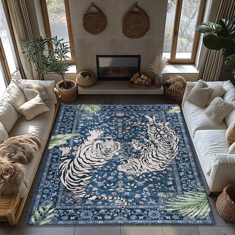 Blue Tiger Pattern Bohemian Rug, Jungle Theme Non-Slip Carpet, Plush Living Room Mat for Nature Inspired Decor