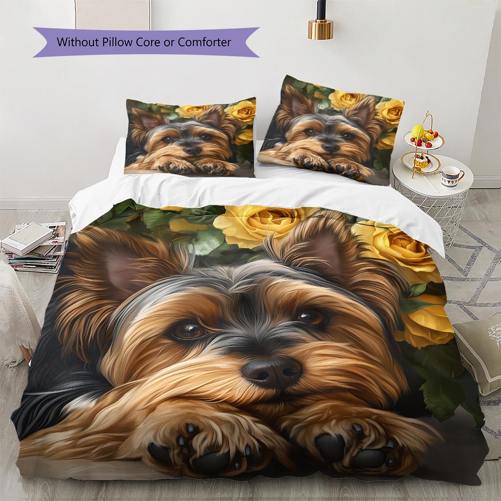 Yorkshire Terrier and Fresh Flowers Pattern Bedding Home Decoration Birthday Gift (1 * Duvet Cover + 2 * Pillowcase, Without Core)
