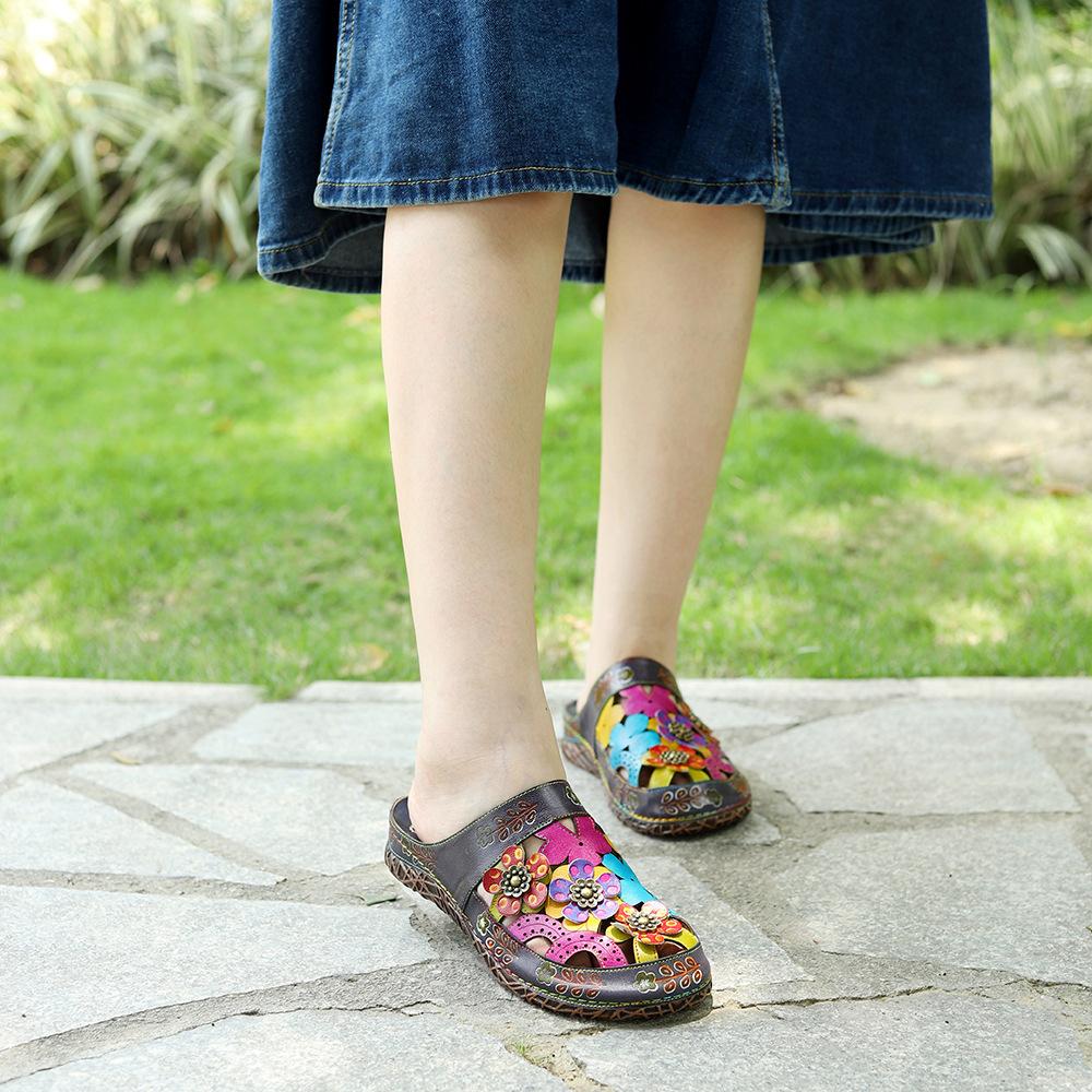 Johnature Pantoufles Femmes Chaussures En Cuir Véritable Peint À La Main À L'extérieur Diapositives À La Main Fleur Sandales Plates