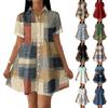 Women’s Casual Loose Fit Shirt Dress Button Down Stand Collar Short Sleeve Relaxed Tunic Dress with Geometric Print