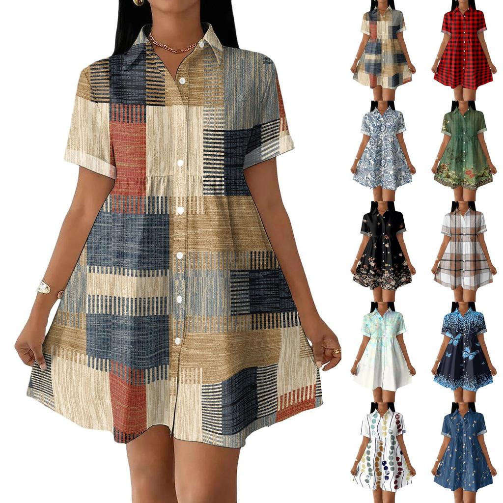 Women’s Casual Loose Fit Shirt Dress Button Down Stand Collar Short Sleeve Relaxed Tunic Dress with Geometric Print