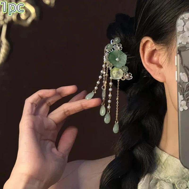 1/2Pcs Chinese Lotus Leaf Flower Hairpin Alloy Jewelry Hair Stick Trendy Long Tassel Hairpin For Women Girls Hair Accessory