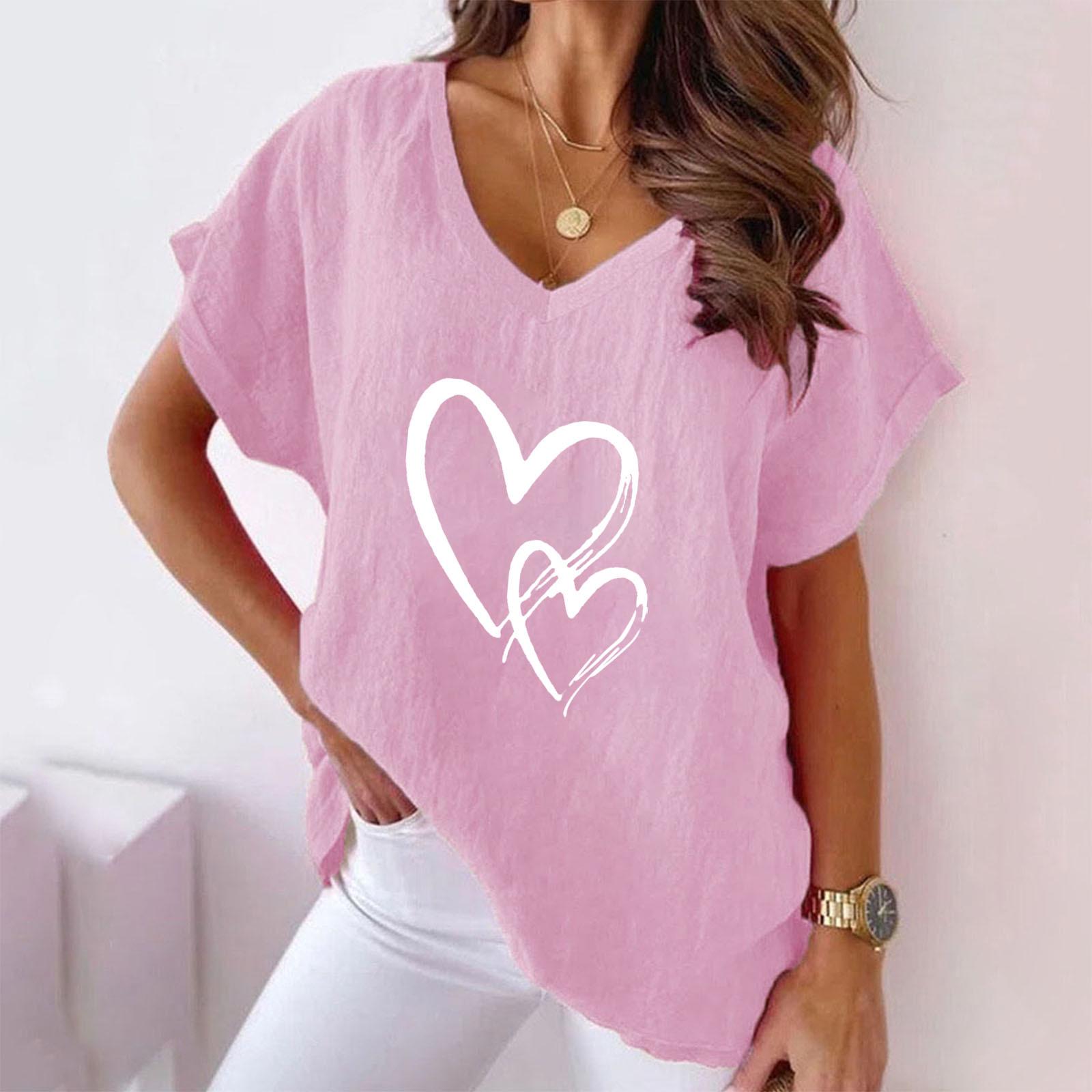 

2026 European & American Summer Couple Love Print V-neck Cotton Linen Casual Women s Batwing Tee S розовый