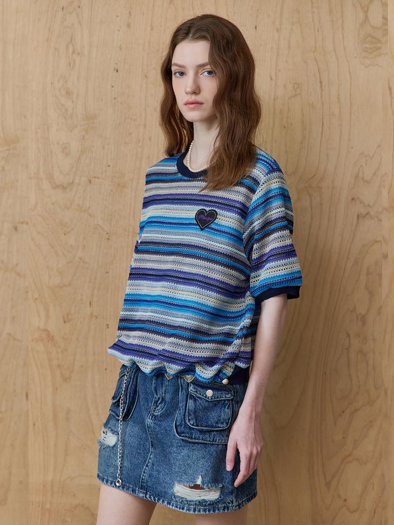 MAXZA Multi-Stripe Round Neck Short Sleeve Knit T-Shirt