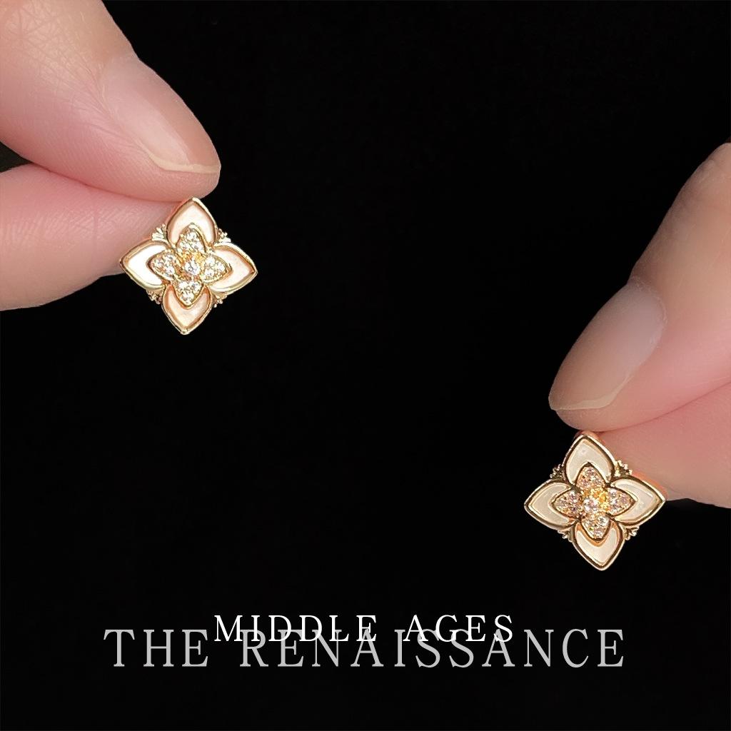 French real shell four-leaf clover zircon stud earrings retro literary court style earrings