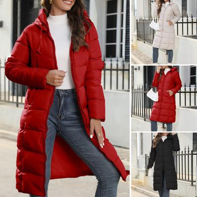 Women Winter Down Coat Thick Padded Hooded Neck Protection Long Style Solid Color Smooth Pockets Drawstring Zipper Closure Lady Cotton Jacket