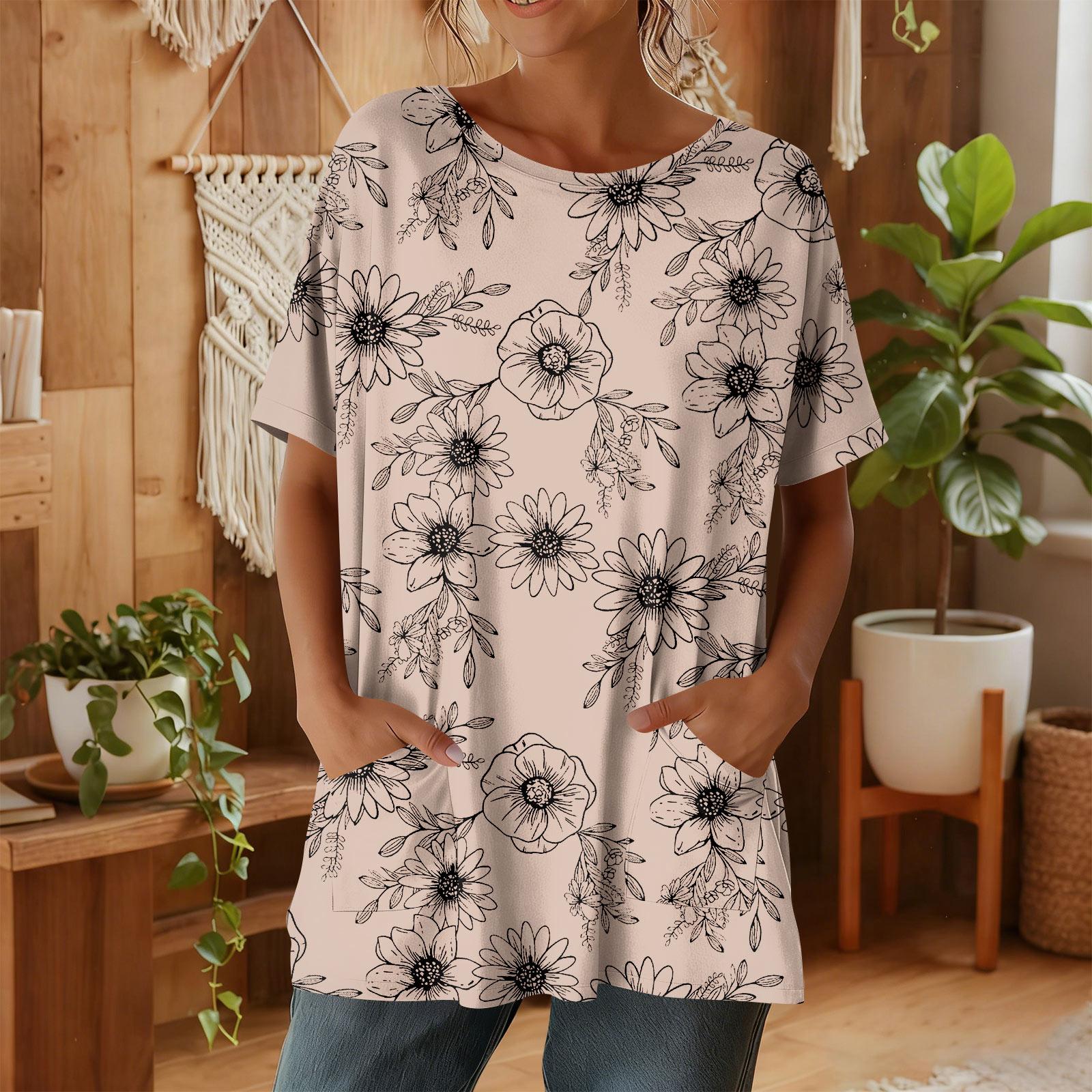 

Женская мода повседневный короткий рукав цветочный принт топ S хаки