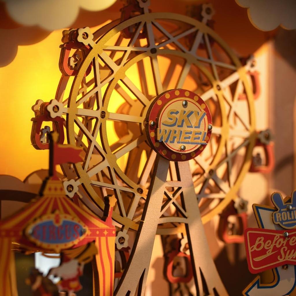 Tsukurundesu® 3D Wooden Puzzle with Japanese Instructions, Amusement Park Series, Lights Up, Moves, Spins, and Music (Sunset Park 2)