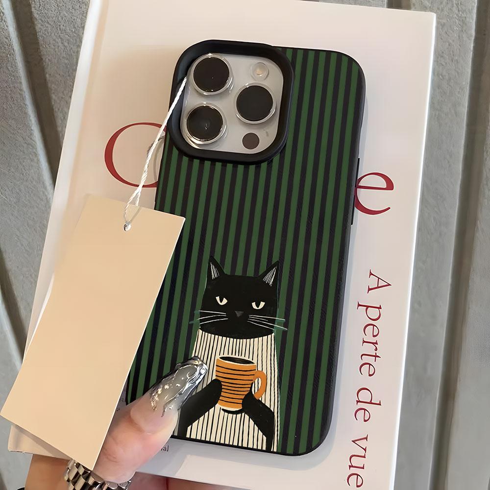 Funny Coffee Cat Pattern Lychee Phone Case For iPhone 18 17 16 15 14 13 Pro Max 15 14 Plus 17 18 Pro Air XS XR Shockproof Cover