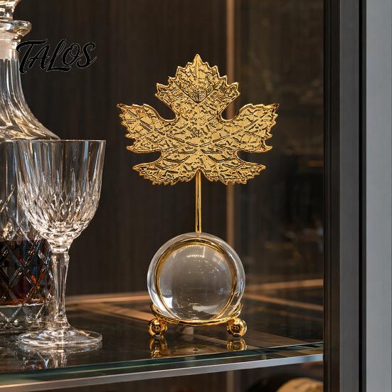 Light Refraction Ornament Faux Crystal Ball with Gold Leaf Stand, Metal Statue Clear Sphere Transparent Decorative for Office, Bedroom, Entryway,