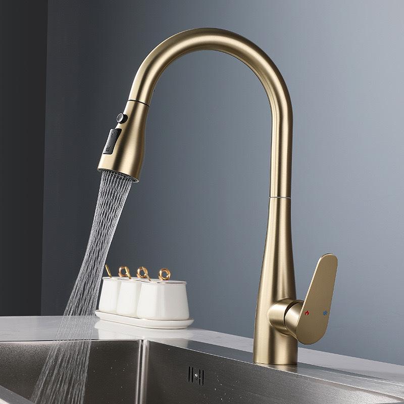 Grey 304 Stainless Steel Kitchen Faucet Brushed Gold Pull Out Hot And Cold Mixed Water Sink Faucet Multifunctional Kitchen Tap