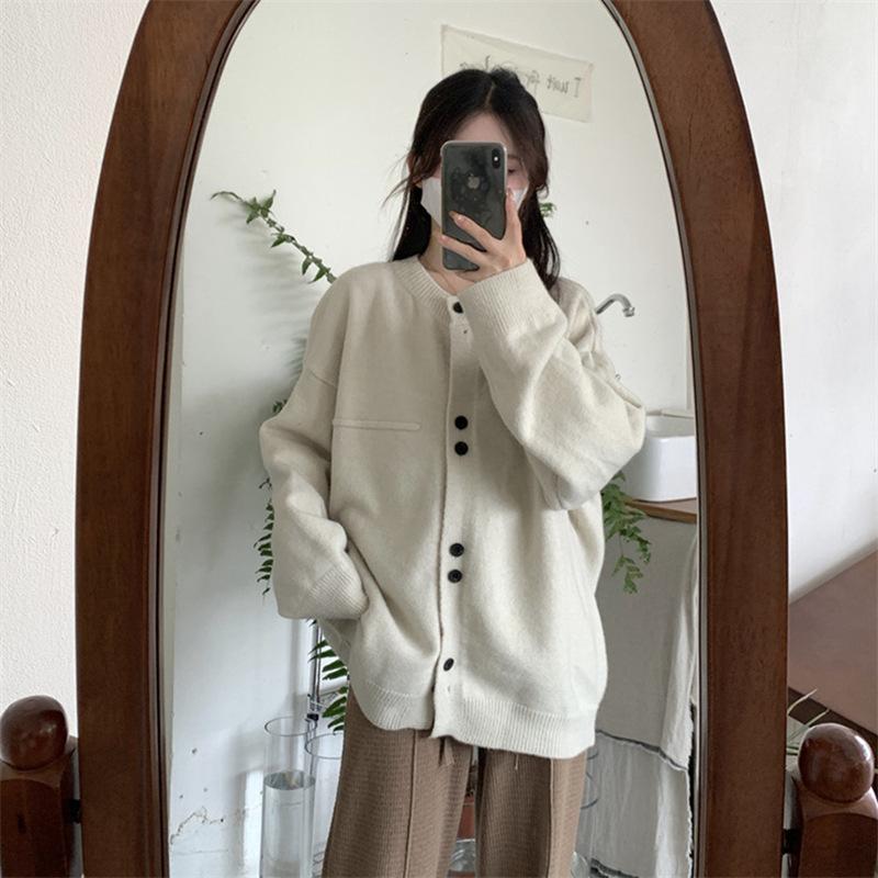 Autumn and winter crew neck knitted cardigan sweater women's lazy style large version loose solid color high-end coat