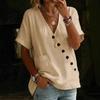 New Women's Shirt Top V-Neck Solid Color Casual Comfortable Button Cotton and Linen Shirt