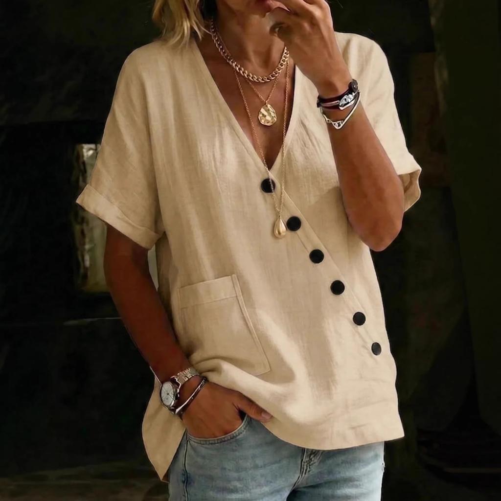 New Women's Shirt Top V-Neck Solid Color Casual Comfortable Button Cotton and Linen Shirt