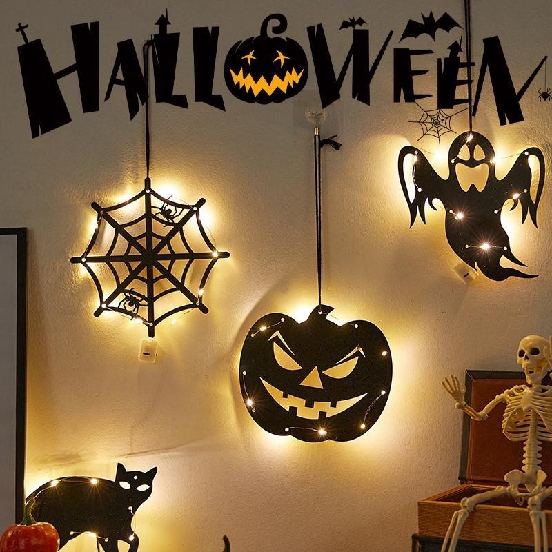 LED Light Up Halloween Hanging Ghost Spider Web Bat Ornaments Halloween Party Horror Props Indoor Outdoor Home Decoration Gifts