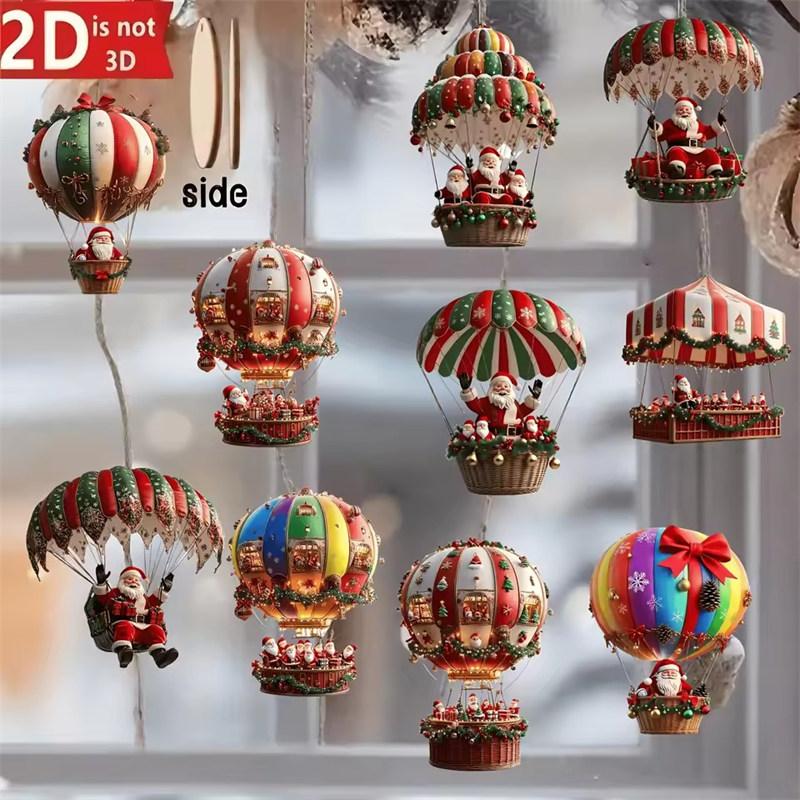 10Pcs Christmas Wooden Air Balloon Santa Claus 2D Flat Wooden Pendant Christmas Tree Decoration Perfect Holiday Gift Decor