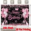 2D Pink Black Birthday Photography Background, Happy Birthday with Champagne and Star Decor Banner