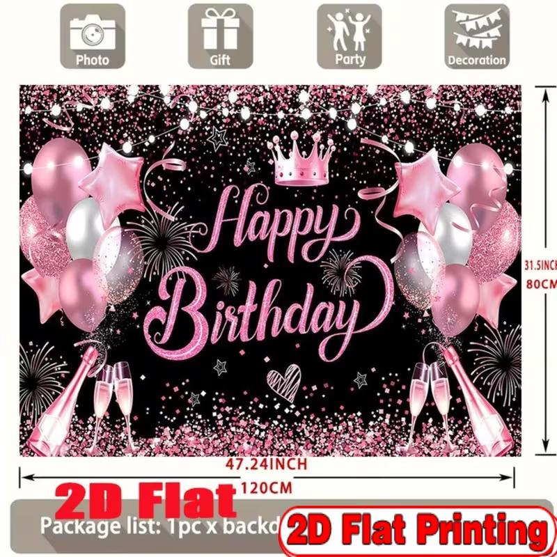 2D Pink Black Birthday Photography Background, Happy Birthday with Champagne and Star Decor Banner