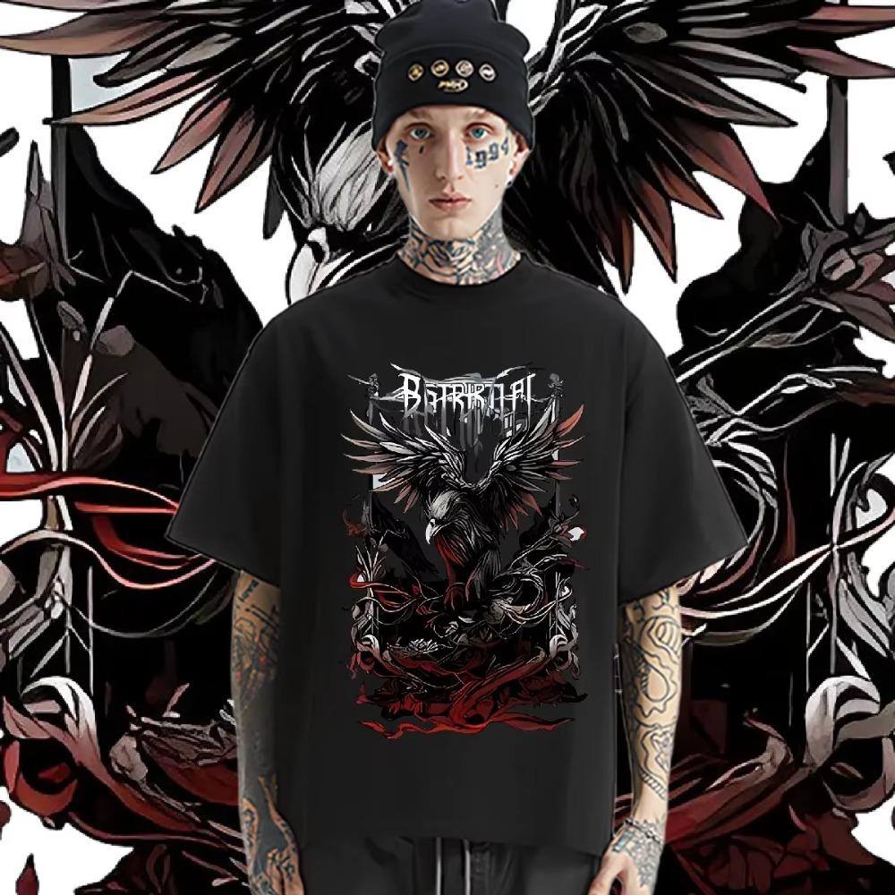 Black Wings Raven T Shirt Oversized Milk Fiber Tees Retro Men Tops High Quality Loose Tshirt Fashion Street Tops