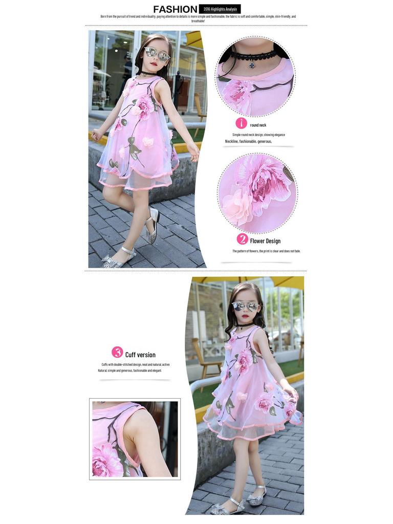 2025 New Summer Girls' Sleeveless Floral Chiffon Beach Dress for Toddlers & Kids