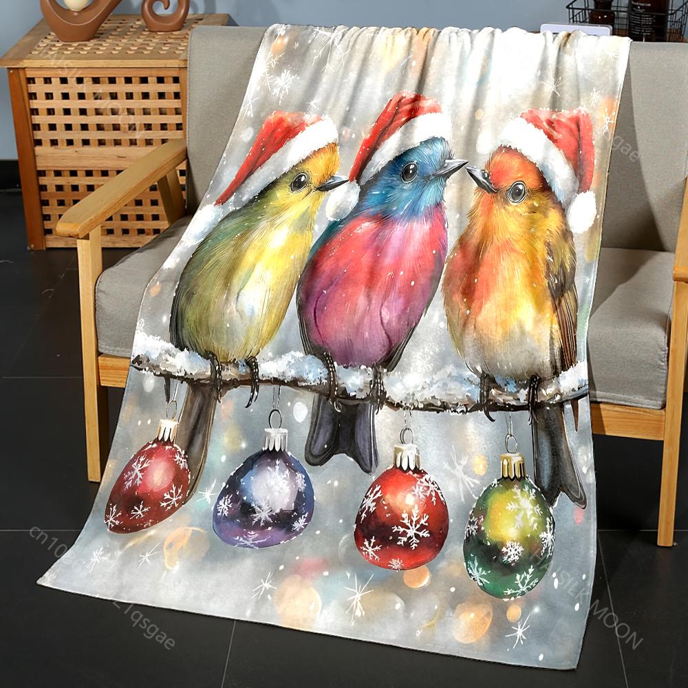 Festliche Vögel mit Weihnachtsschmuck Muster Decke Flanell Material Weich Warm für Alle Jahreszeiten, Zuhause Outdoor Camping Picknicks