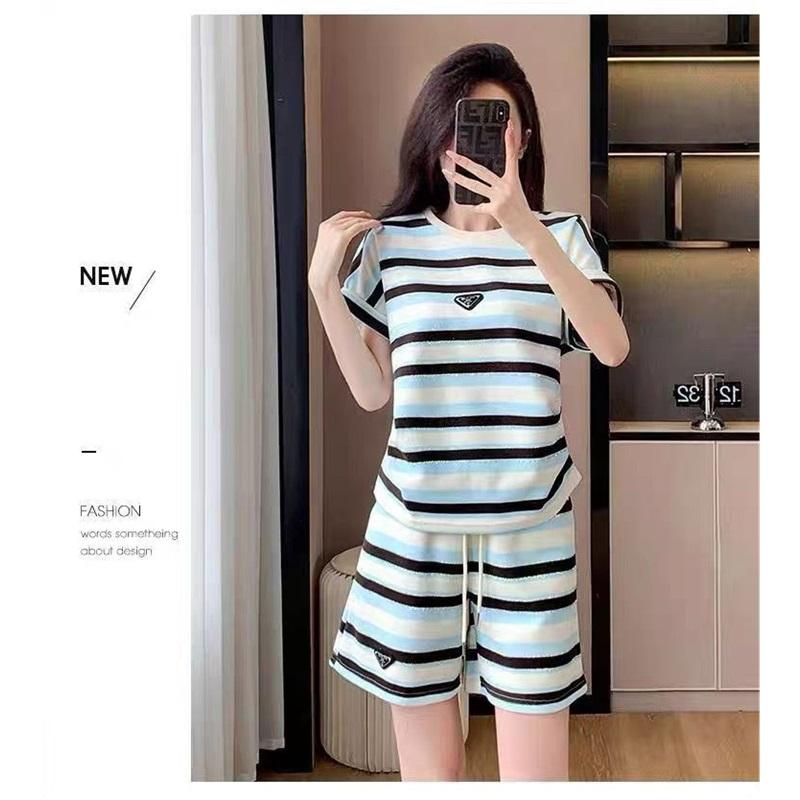 Women Striped 2 Piece Outfit Irregular Hem Short Sleeve T-shirt Drawstring Elastic Waist Shorts Casual Summer Tracksuit Loungewear Set