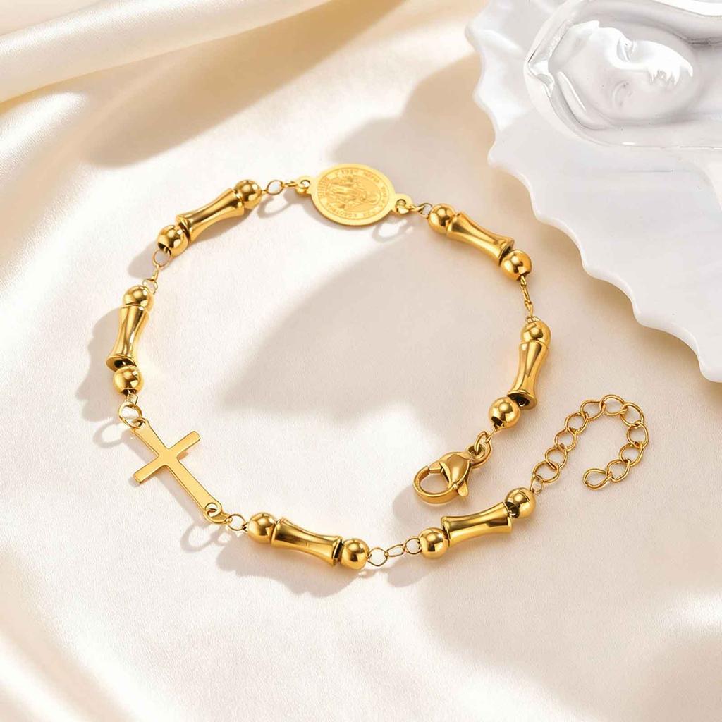 Vintage Rosary Bamboo Bead Chain Virgin Bracelet for Women,Stainless Steel Our Lady's Cross Bracelets,Charm Religious Jewelry