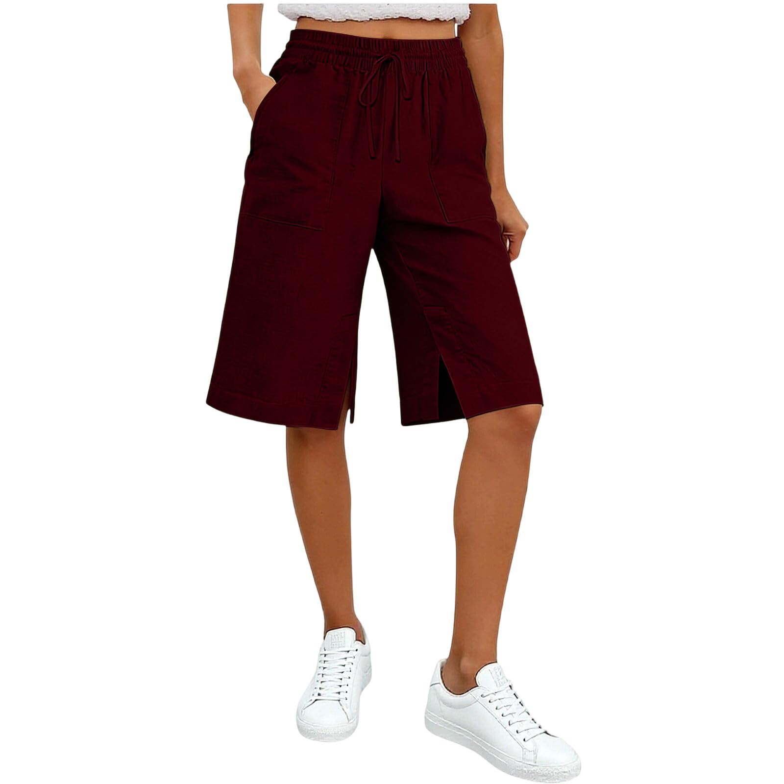 

Women s Fashion Elastic Waist Drawstring Pocket Split Leg Loose Casual Straight-Fit Five-Inch Shorts XL винний