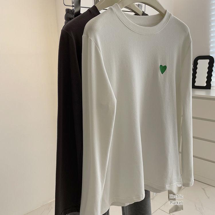 

Женская футболка с длинным рукавом и вышивкой – Мягкая, с начесом, с круглым вырезом, повседневный слой, теплая база, белая (Осень зима) S (60-80 jin)