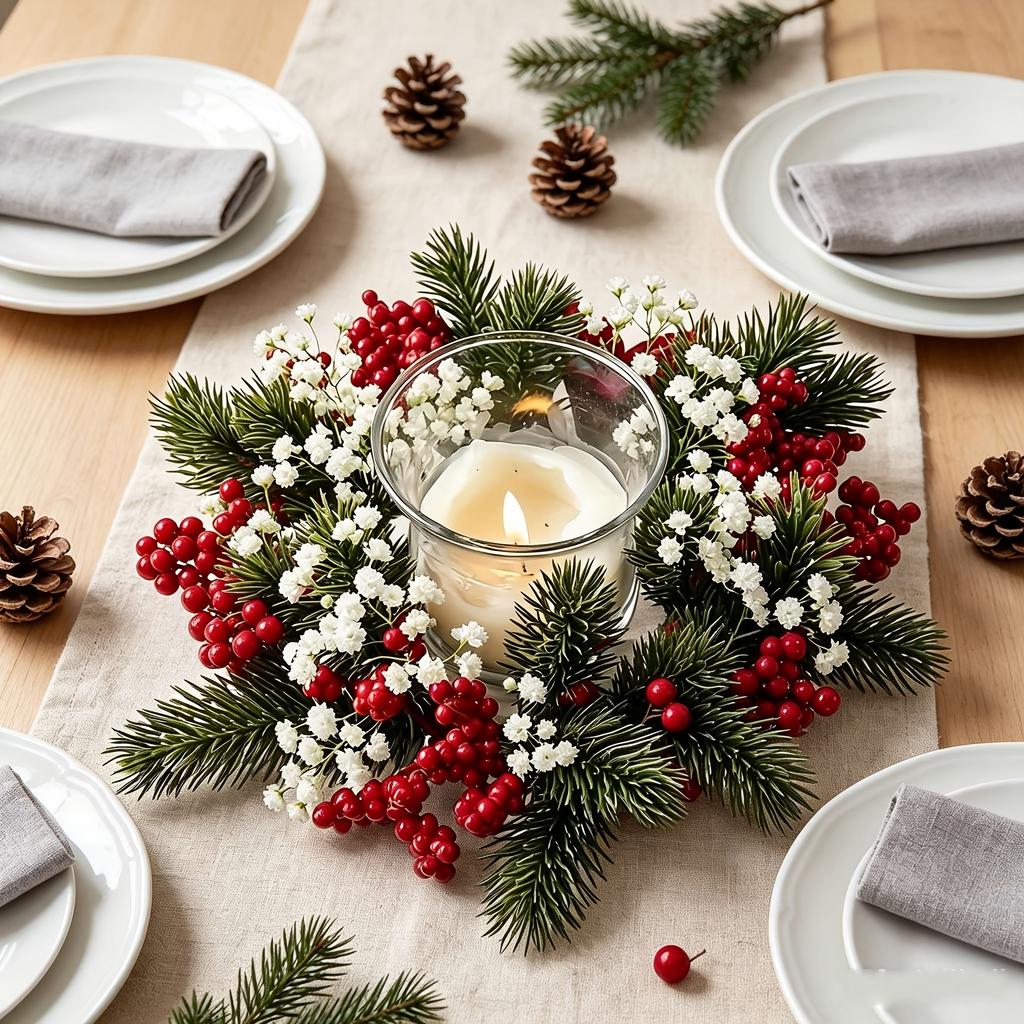 2pcs Artificial Candle Ring Candlestick, with Red Berries And Pine Cones Baby's Breath, for Home, Christmas, Tabletop Decoration Candle Holder