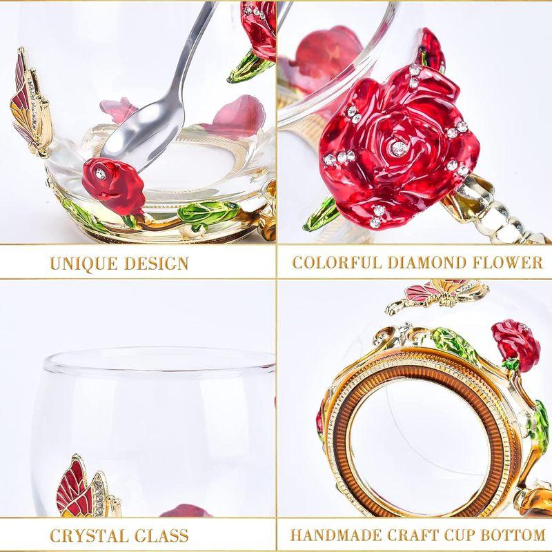 Glas Kaffee Emaille Tasse Beste Geschenke für Mama Frauen Schmetterling Rose Bleifrei Strumpffüller für Frau Rote Teetasse mit Löffel