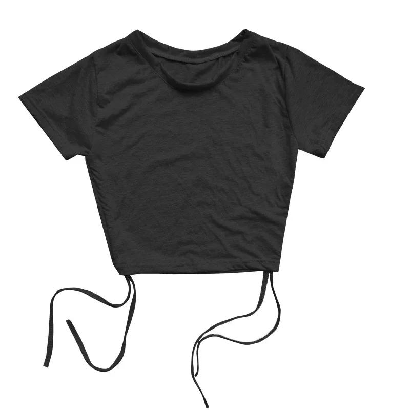Sexy Drawstring Tie Bare Midriff Slim Tank Top Women Short Sleeves Bottoming Crop Tops Camisetas Mujer