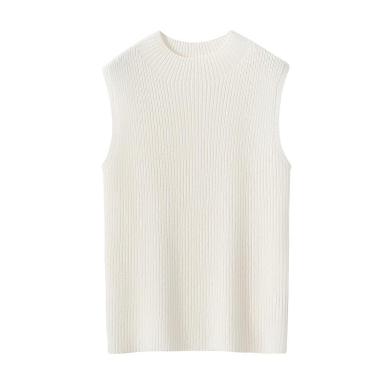 Women's Cashmere Ribbed Sleeveless Slim-Fit Pullover Sweater with Half-High Neck
