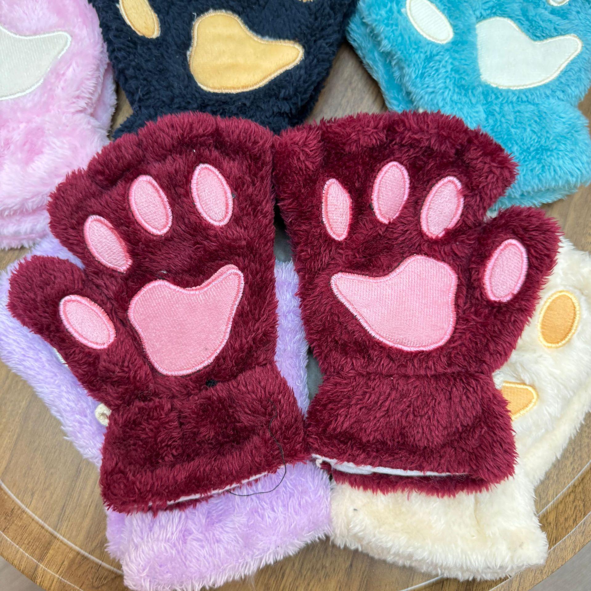 

Women s Cute Cat & Bear Paw Fingerless Fleece Gloves One Size бордовый