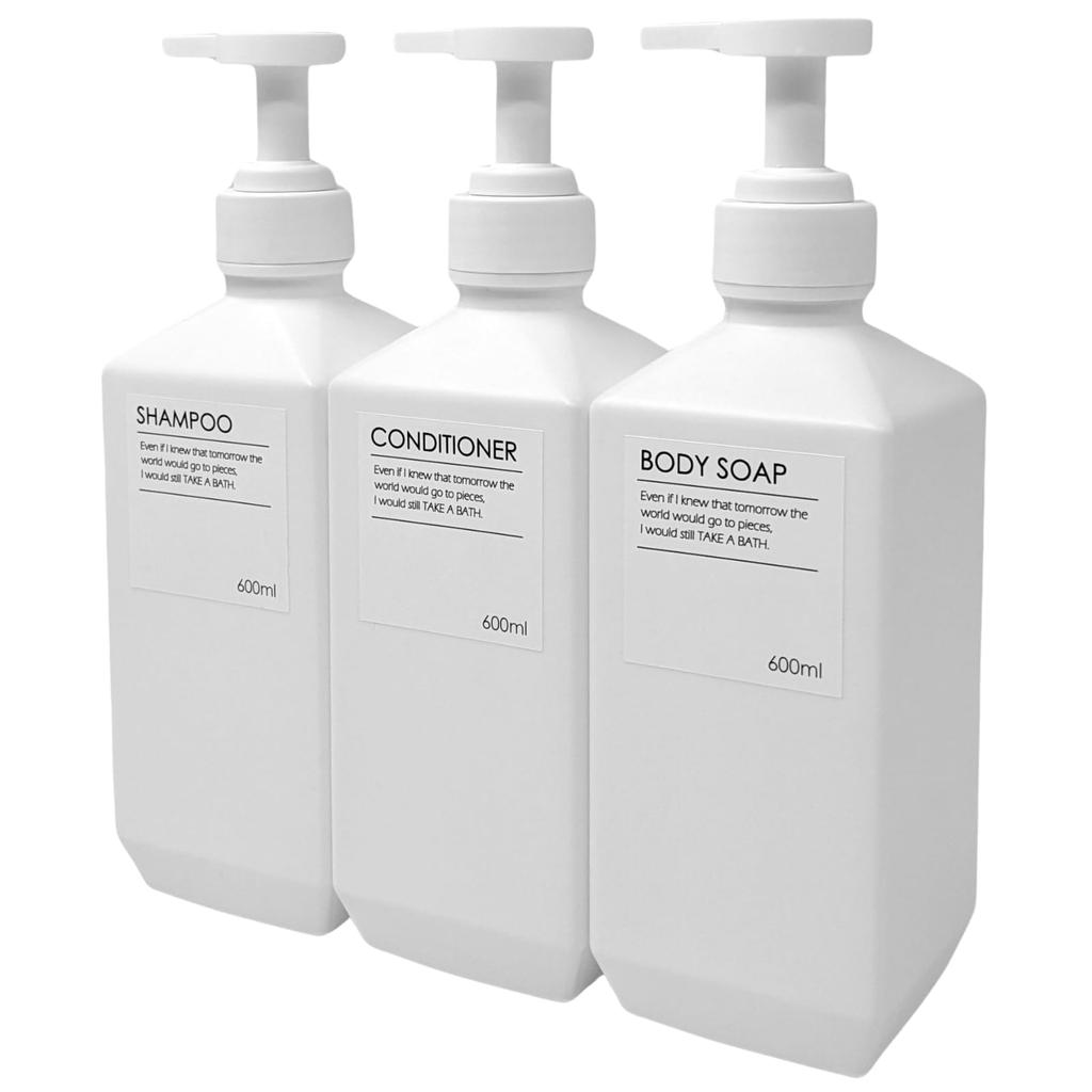 TUISKU Shampoo Bottles, Set of 3, Refillable Dispenser Bottles for Shampoo, Conditioner, and Soap, Hides Signs of Daily Use, 600ml, with Waterproof