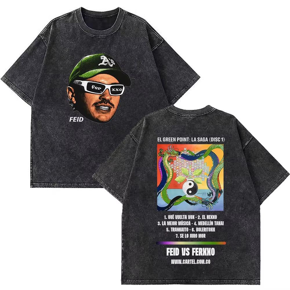 Rapper Feid Ferxxo Tour Print Vintage Washed Tshirts Men Women Fashion Hiphop Casual Loose Oversized Tshirt Fan Gifts Top