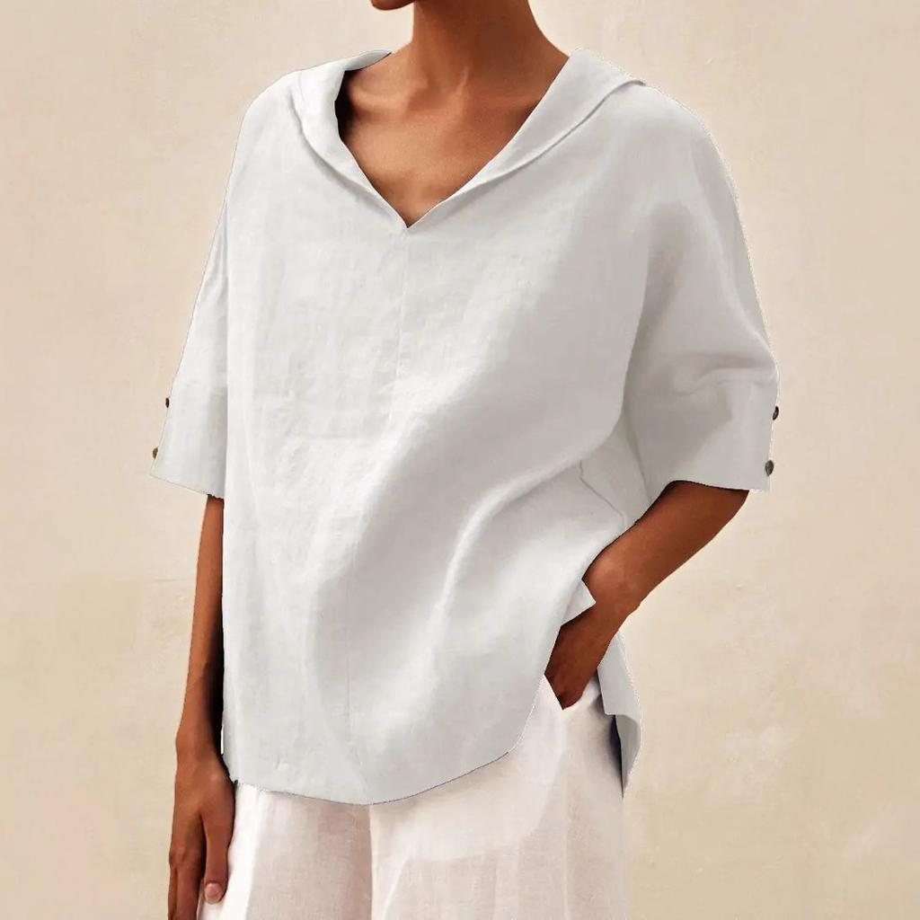 Top T-shirt con cappuccio da donna in cotone e lino tinta unita, vestibilità comoda, aggiornato