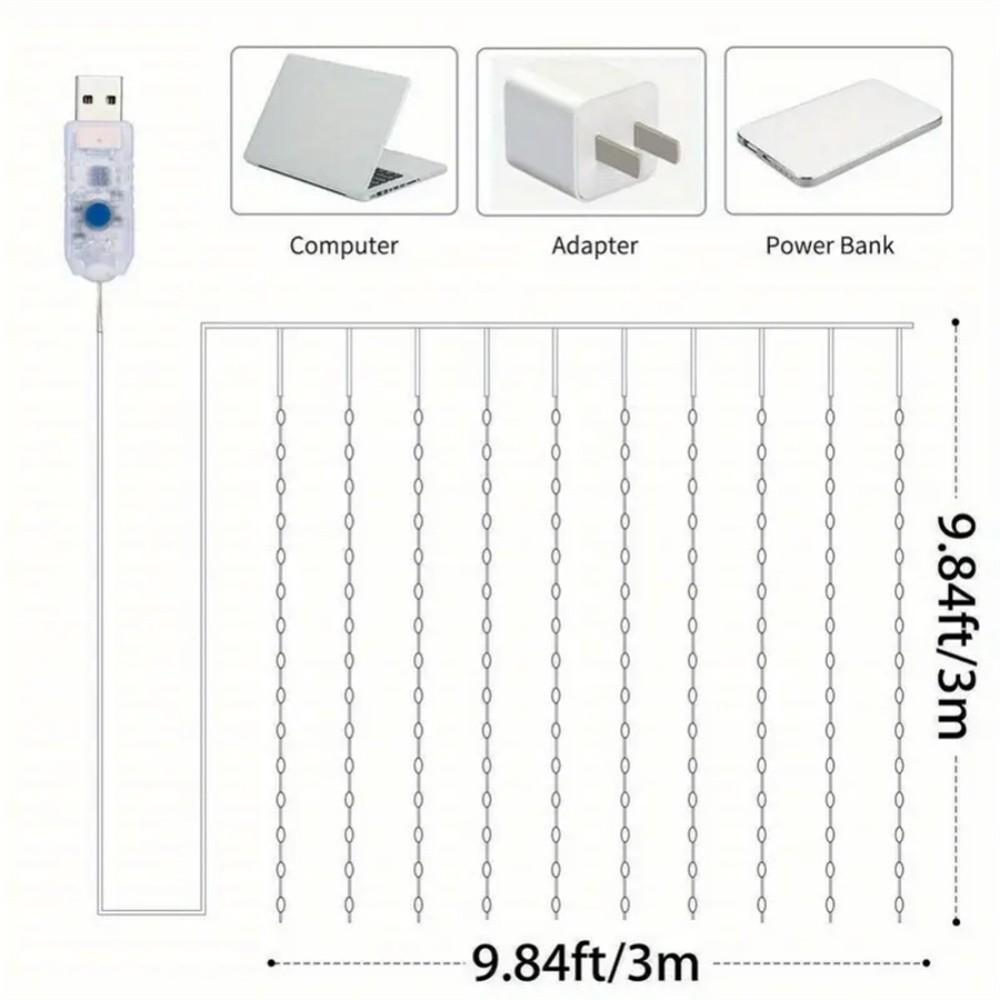 1pc 3*3m LED Curtain Lights USB Powered 8 Mode Remote Control Fairy String,Decoration Lights For Garland Wedding Home Bedroom