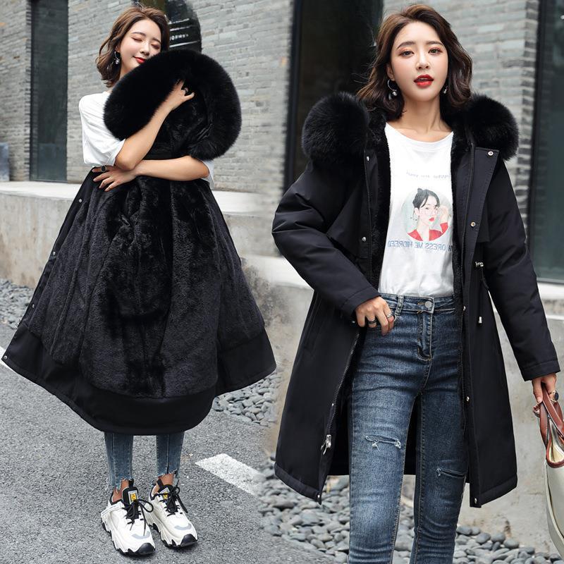 Elegant Women's Mid-Length Parka Jacket - Plus Size,Solid Color, Hooded, Polyester Material, Thickened Winter Coat with Drawstring Detail