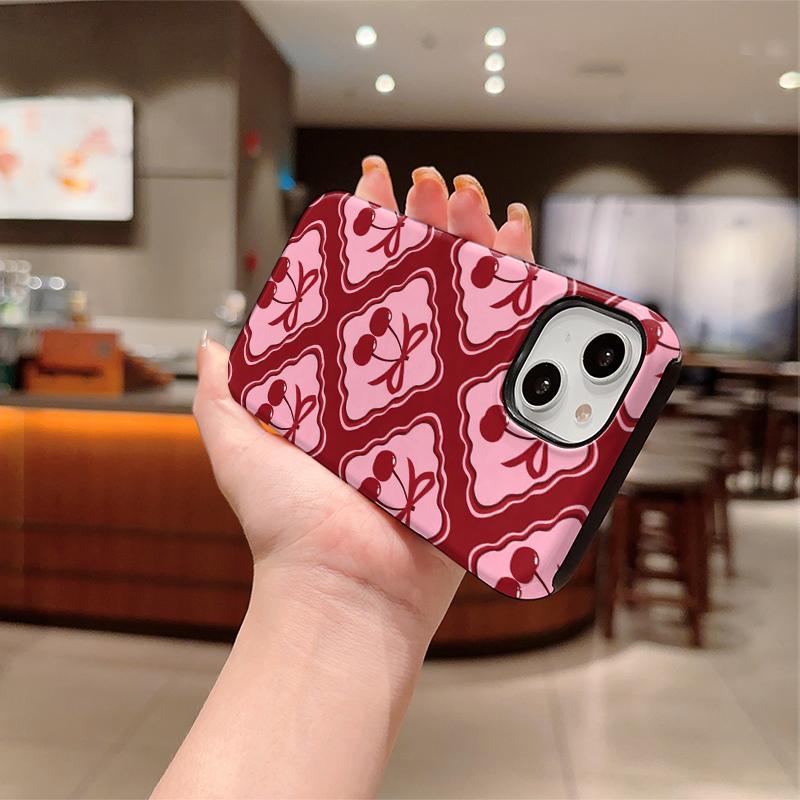 Cute Y2K Sweet Coquette Geometric Red Pink Cherry Bow Pattern Film Art Aesthetic Protective Shockproof Bumper Case For iPhone 14 15 16 Pro Max Plus