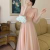 Soft Style French First Love Sweet Long Sleeve Pink Dress Elegant Princess Maxi Skirt