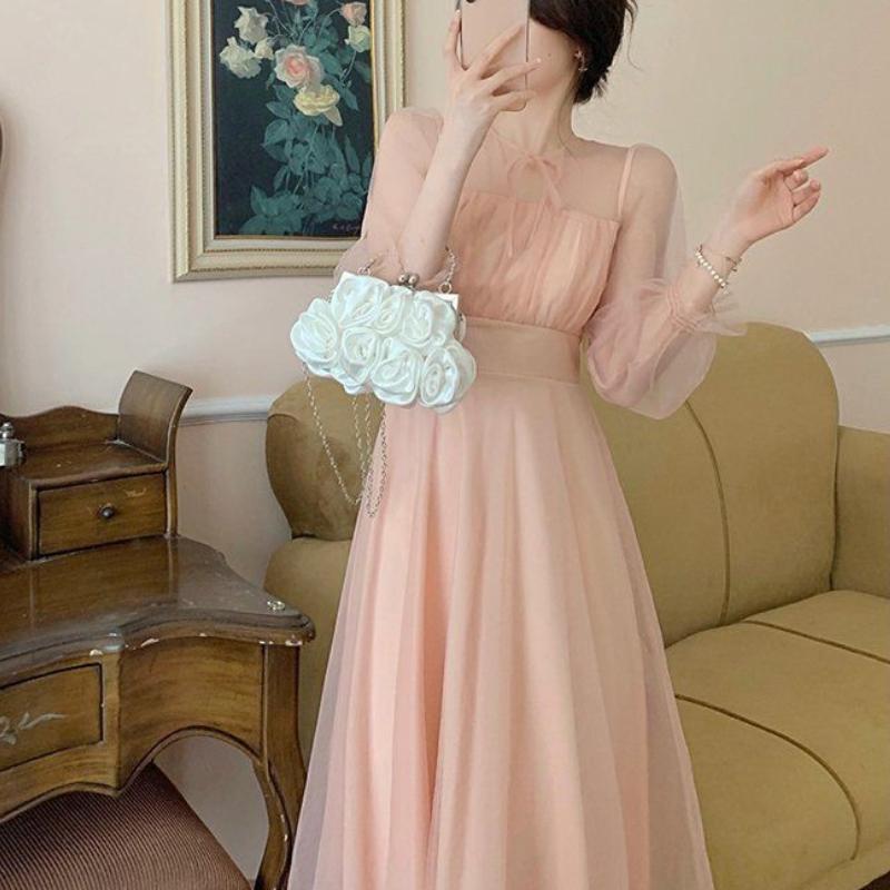 Soft Style French First Love Sweet Long Sleeve Pink Dress Elegant Princess Maxi Skirt