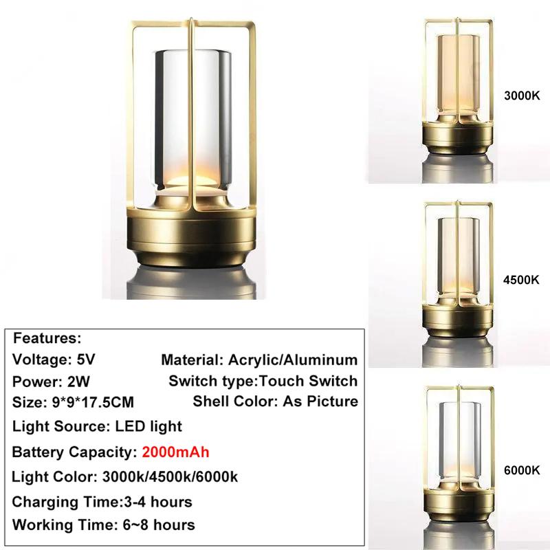

Перезаряжаемая ретро светодиодная настольная лампа - Беспроводная сенсорная регулировка яркости, пластиковый настольный светильник для спальни, бара, улицы золотой
